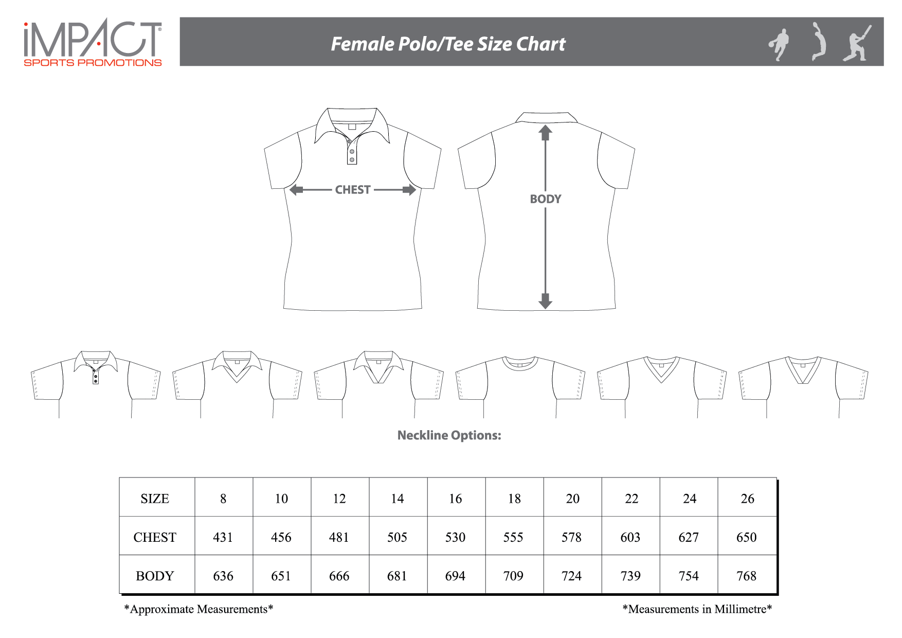 Impact SP Female Polo Tee Size Chart